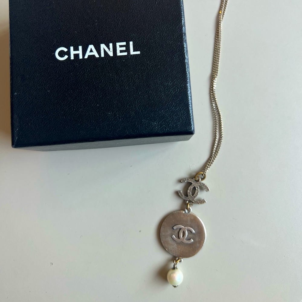 Chanel Vintage Silver Tone Logo and Medallion Pendant Necklace